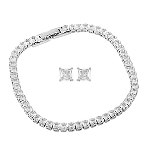 Simulated Diamond Square Tennis Bracelet (7.00 In) and Earrings in Silvertone