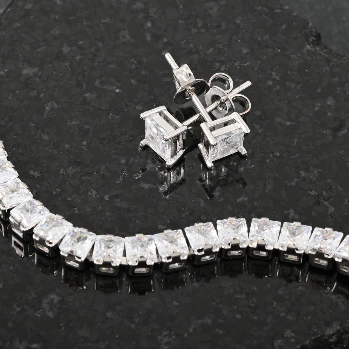 Ankur Treasure Chest Simulated Diamond Bracelet (7.00 In) and Earrings in Silvertone image number 1