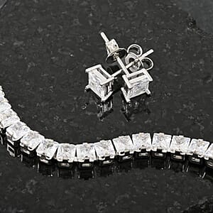 Simulated Diamond Square Tennis Bracelet (7.00 In) and Earrings in Silvertone