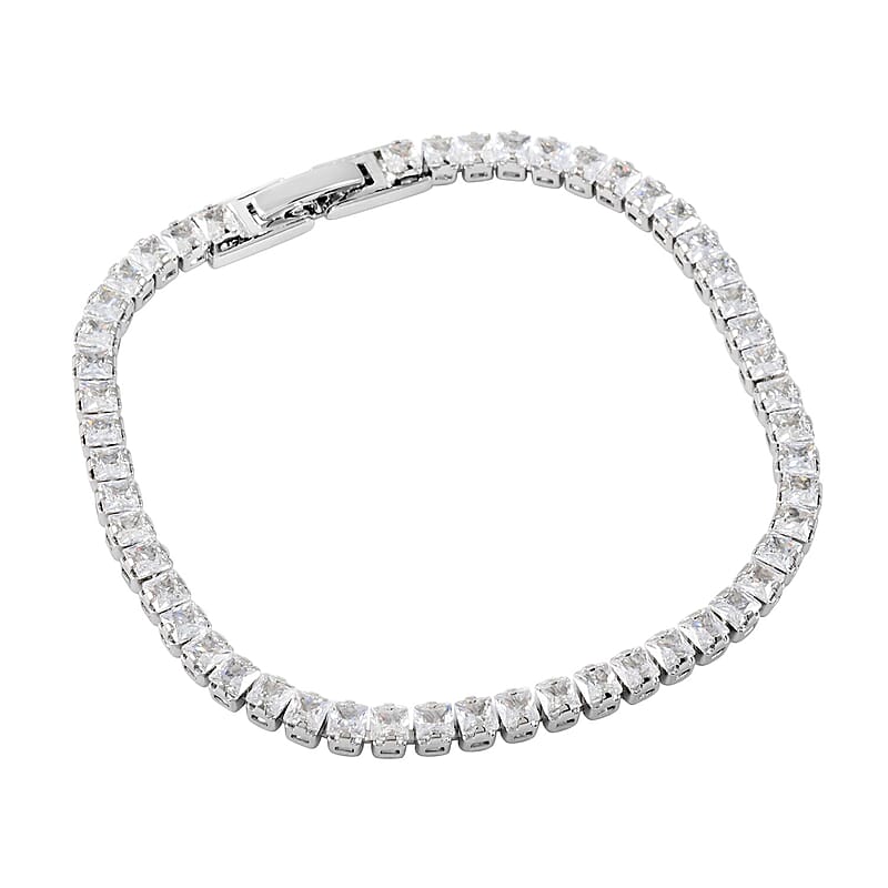 Simulated Diamond Square Tennis Bracelet (7.00 In) and Earrings in Silvertone