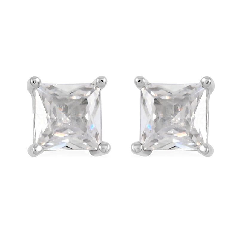 Simulated Diamond Square Tennis Bracelet (7.00 In) and Earrings in Silvertone