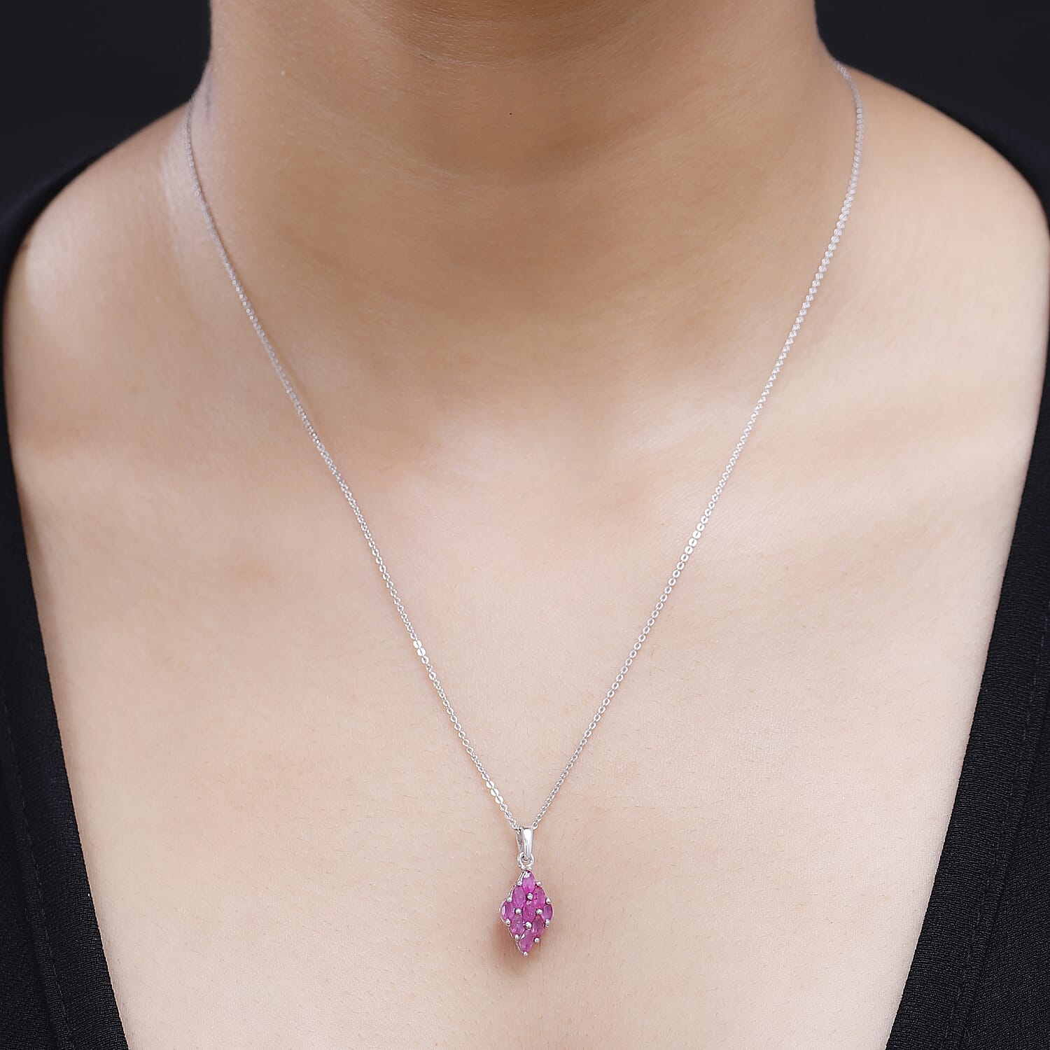 Premium Mozambique Pink Sapphire 1.00 ctw Blossom Cluster Pendant Necklace in Rhodium Over Sterling Silver 20 Inches