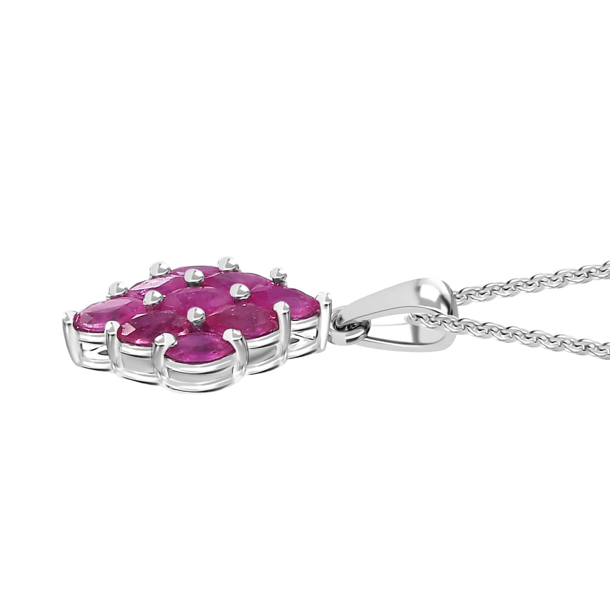 Premium Mozambique Pink Sapphire 1.00 ctw Blossom Cluster Pendant Necklace in Rhodium Over Sterling Silver 20 Inches image number 3