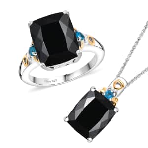 California Black Jade and Neon Apatite 12.50 ctw Ring (Size 6.0) and Pendant Necklace 20 Inches in 18K Vermeil YG and Rhodium Over Sterling Silver