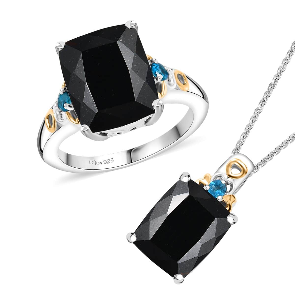 California Black Jade and Neon Apatite 12.50 ctw Ring (Size 8.0) and Pendant Necklace 20 Inches in 18K Vermeil YG and Rhodium Over Sterling Silver image number 0