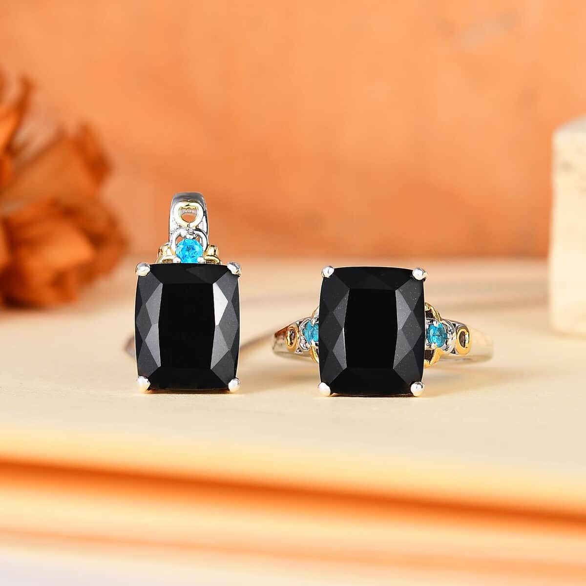 California Black Jade and Neon Apatite 12.50 ctw Ring (Size 8.0) and Pendant Necklace 20 Inches in 18K Vermeil YG and Rhodium Over Sterling Silver image number 1