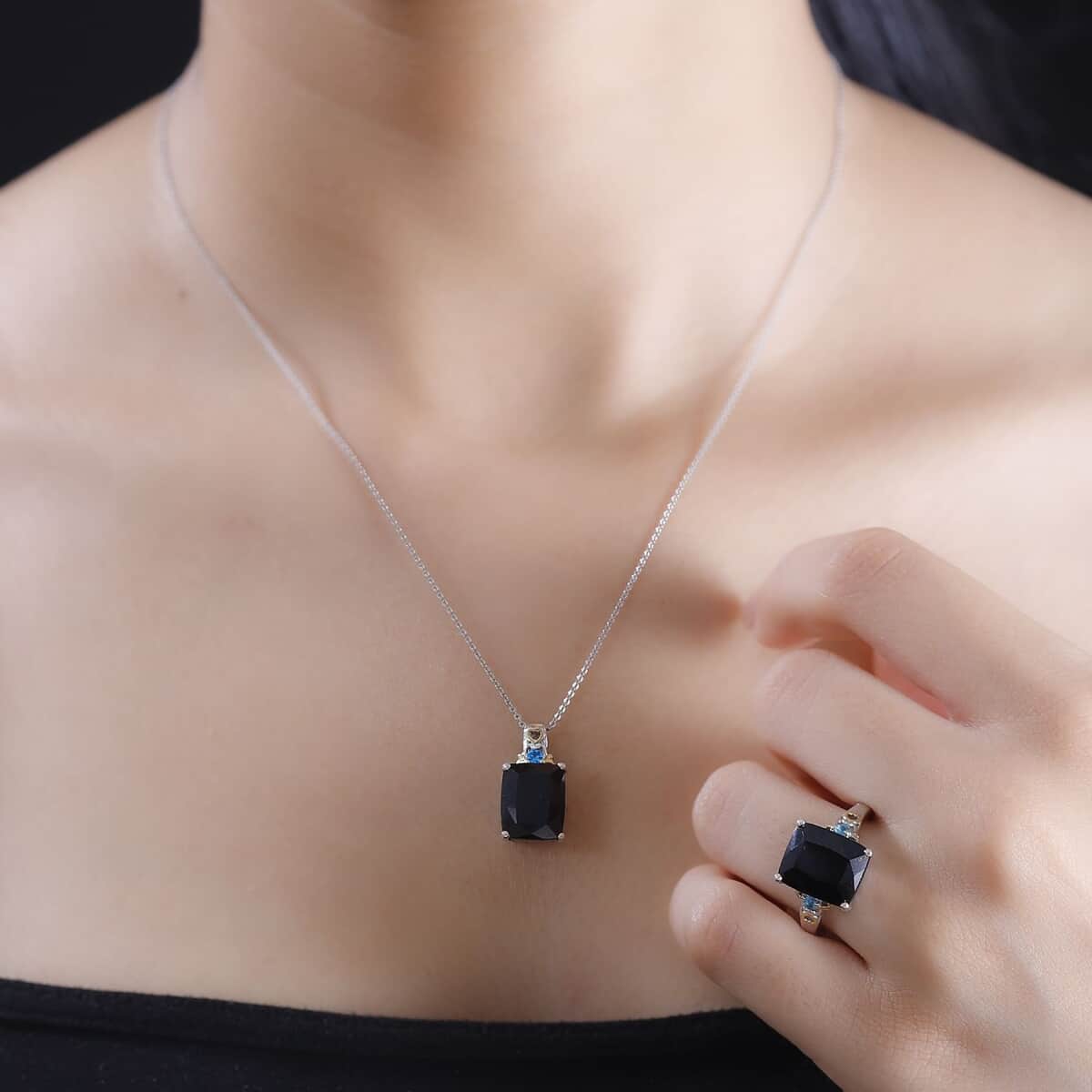 California Black Jade and Neon Apatite 12.50 ctw Ring (Size 8.0) and Pendant Necklace 20 Inches in 18K Vermeil YG and Rhodium Over Sterling Silver image number 2