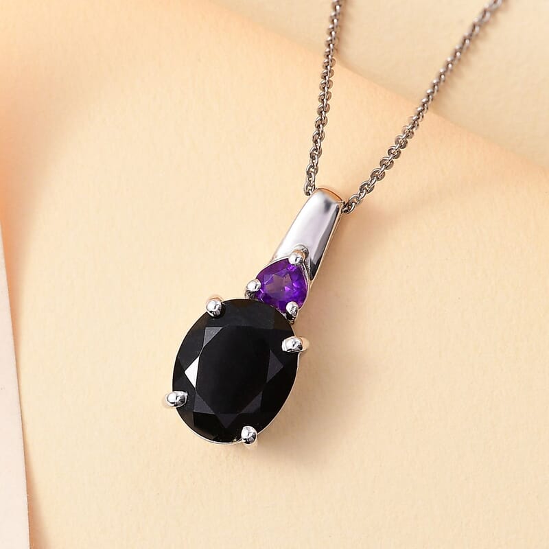 California Black Jade and African Amethyst 4.00 ctw Pendant Necklace in Rhodium Over Sterling Silver 20 Inches