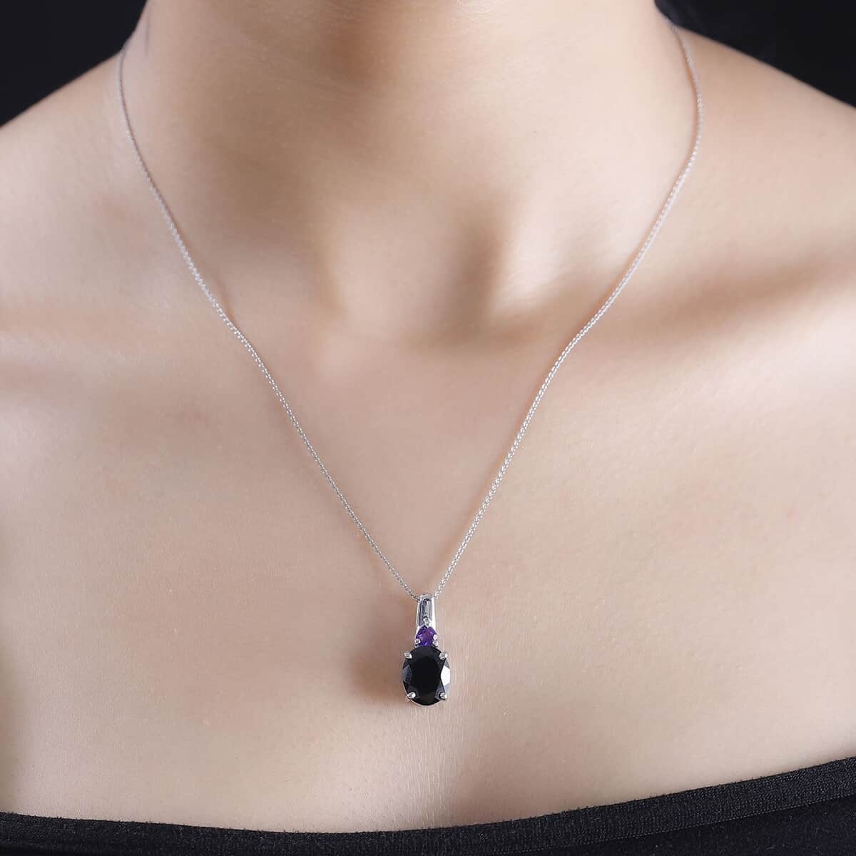 California Black Jade and African Amethyst 4.00 ctw Pendant Necklace in Rhodium Over Sterling Silver 20 Inches image number 2