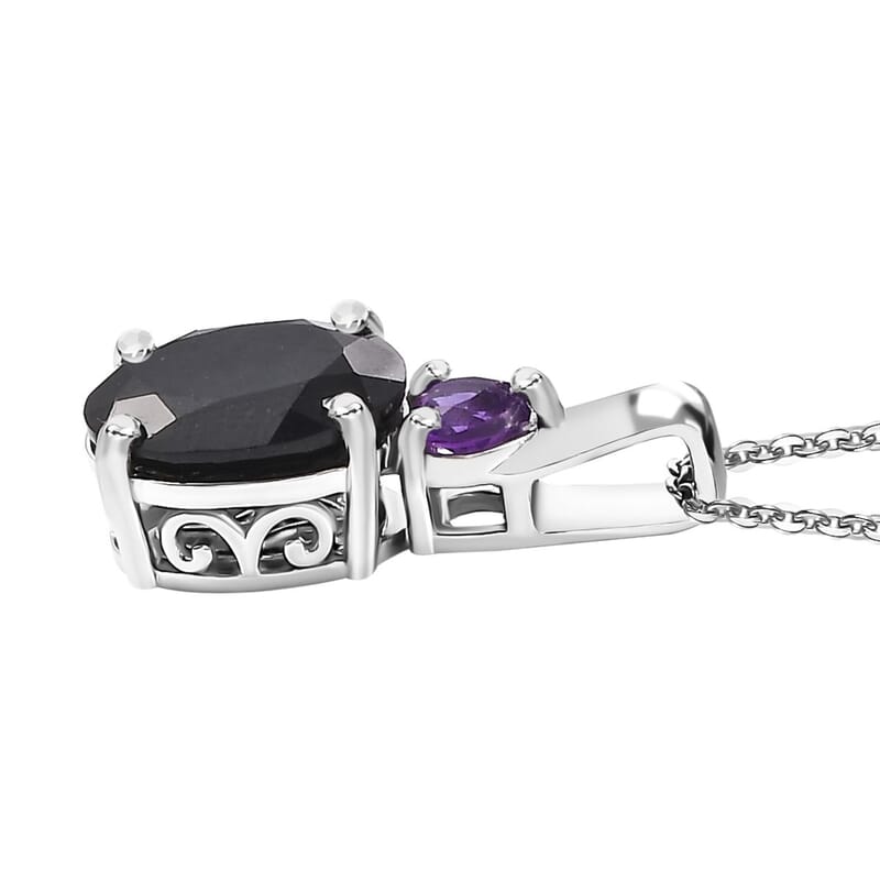 California Black Jade and African Amethyst 4.00 ctw Pendant Necklace in Rhodium Over Sterling Silver 20 Inches