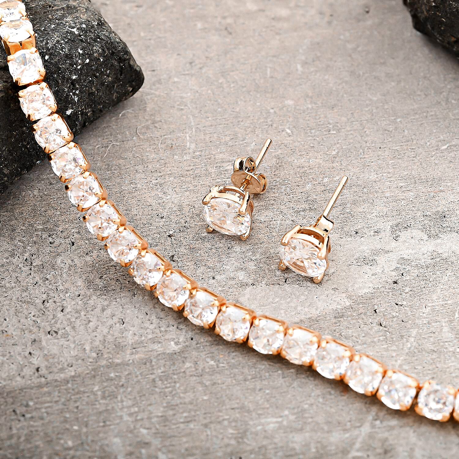 Simulated Diamond 20.90 ctw Tennis Bracelet (7.0In) and Stud Earrings in Rosetone