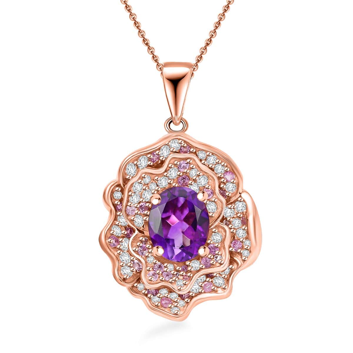 Moroccan Amethyst and Multi Gemstone 4.30 ctw Floral Pendant Necklace in 18K Vermeil Rose Gold Over Sterling Silver 20 Inches image number 0