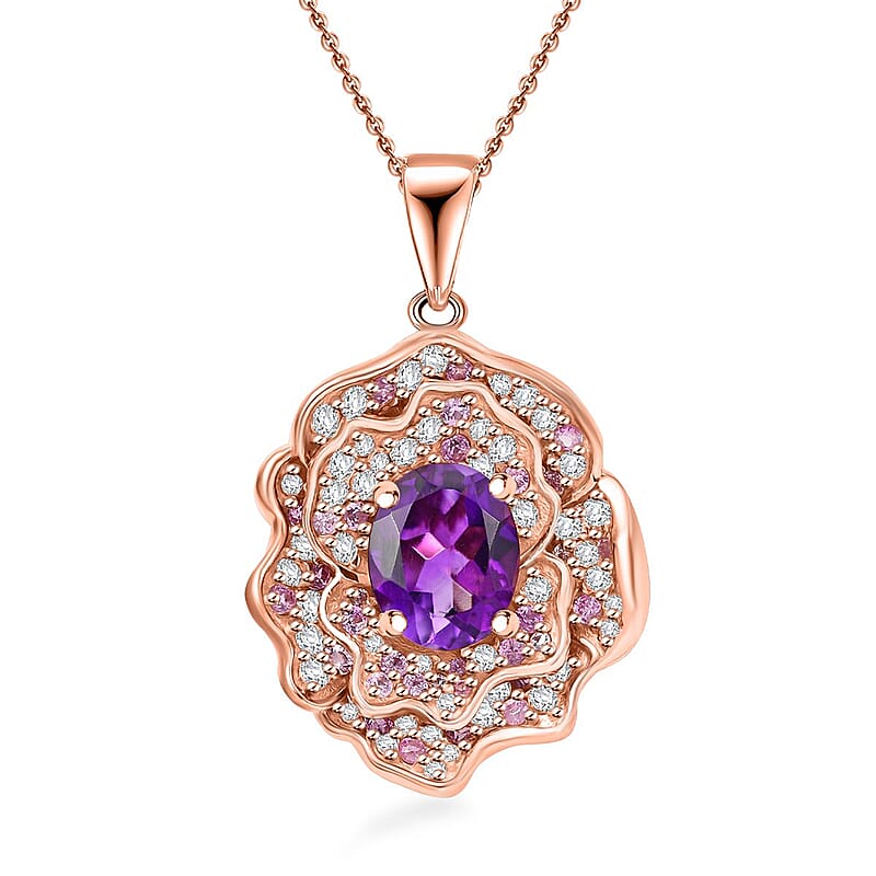 Moroccan Amethyst and Multi Gemstone 4.30 ctw Floral Pendant Necklace in 18K Vermeil Rose Gold Over Sterling Silver 20 Inches