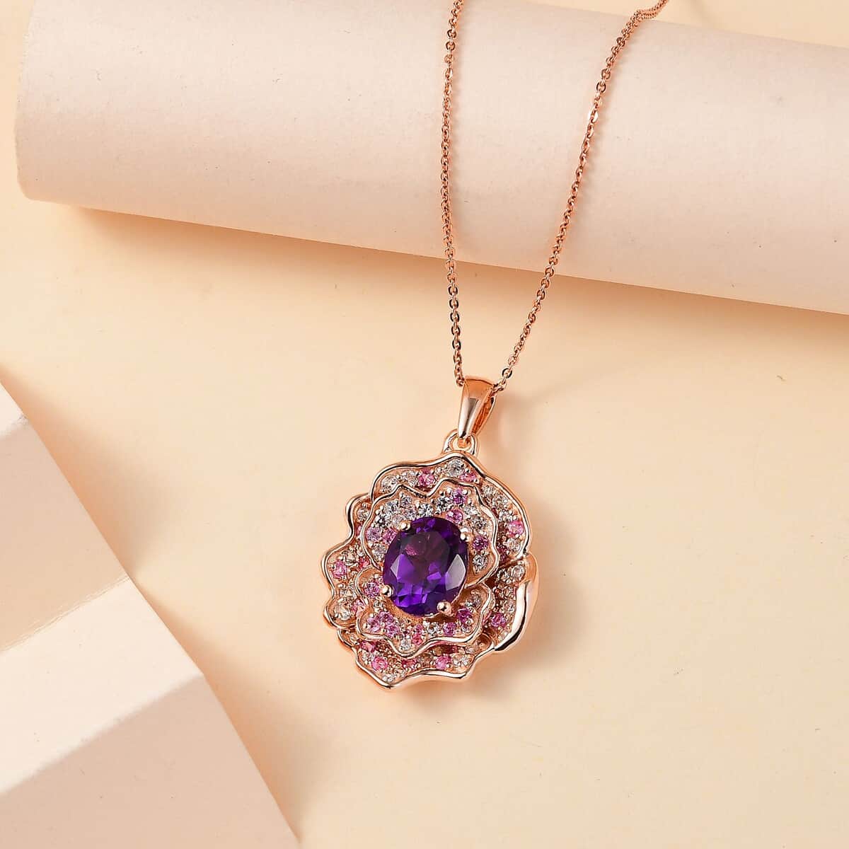 Moroccan Amethyst and Multi Gemstone 4.30 ctw Floral Pendant Necklace in 18K Vermeil Rose Gold Over Sterling Silver 20 Inches image number 1