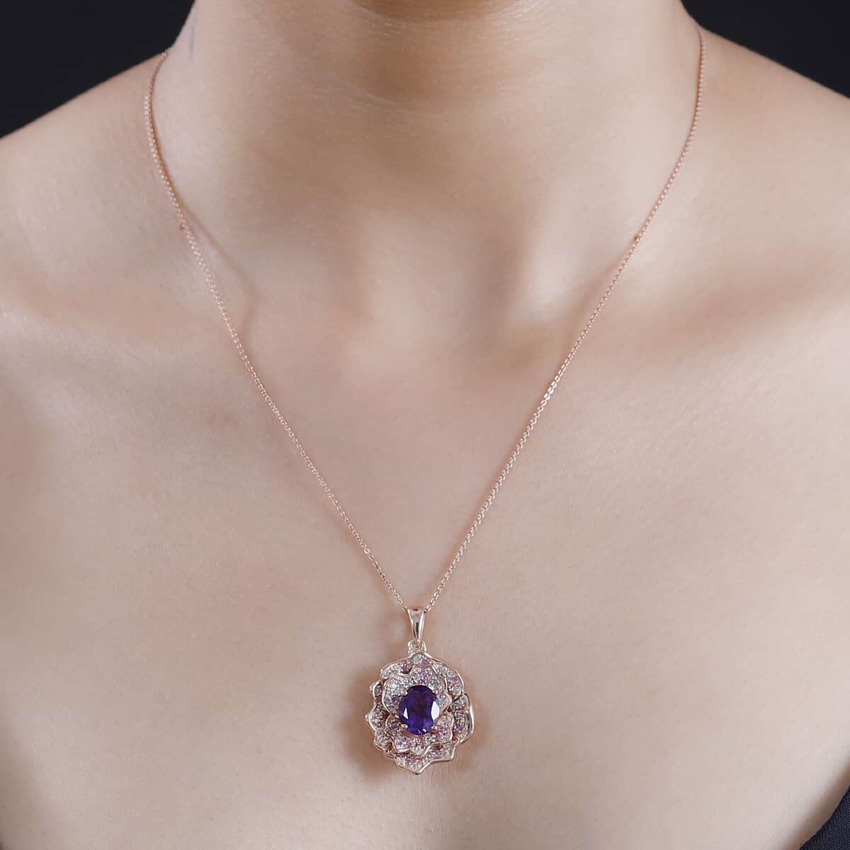 Moroccan Amethyst and Multi Gemstone 4.30 ctw Floral Pendant Necklace in 18K Vermeil Rose Gold Over Sterling Silver 20 Inches image number 2