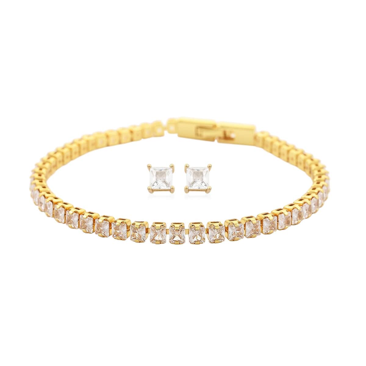 Simulated Diamond Square Tennis Bracelet (7.00 In) and Earrings in Goldtone image number 0