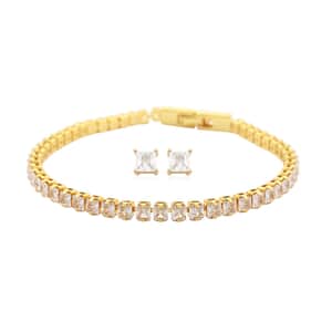 Simulated Diamond Square Tennis Bracelet (7.00 In) and Earrings in Goldtone