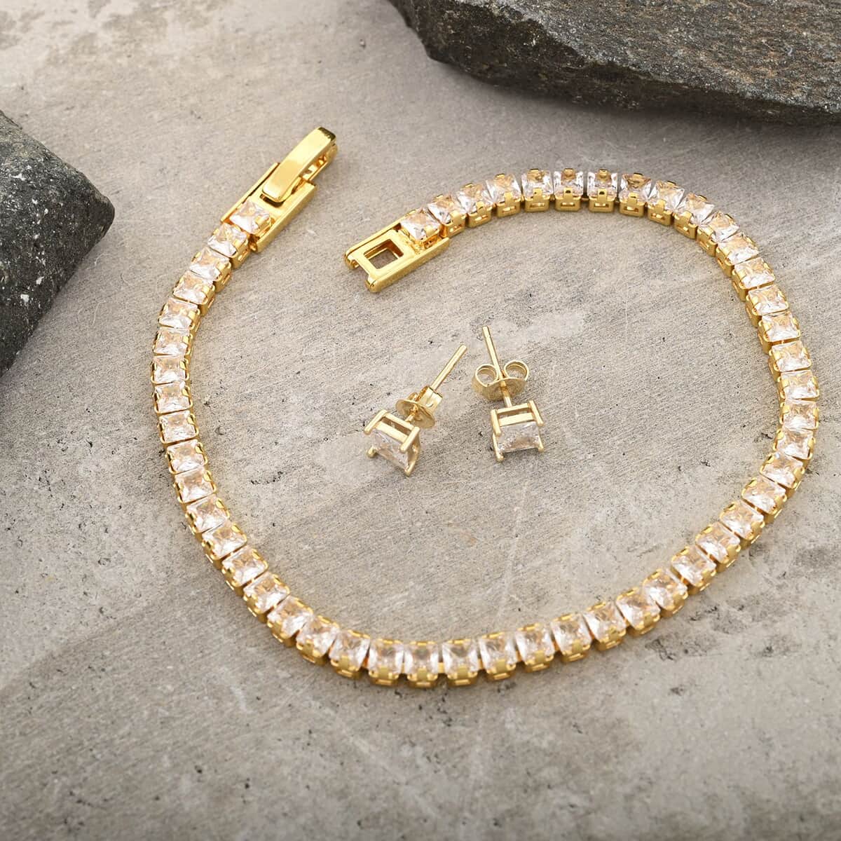 Simulated Diamond Square Tennis Bracelet (7.00 In) and Earrings in Goldtone image number 1