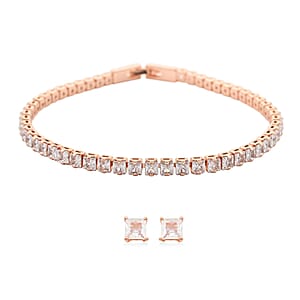 Simulated Diamond Square Tennis Bracelet (7.00 In) and Earrings in Rosetone