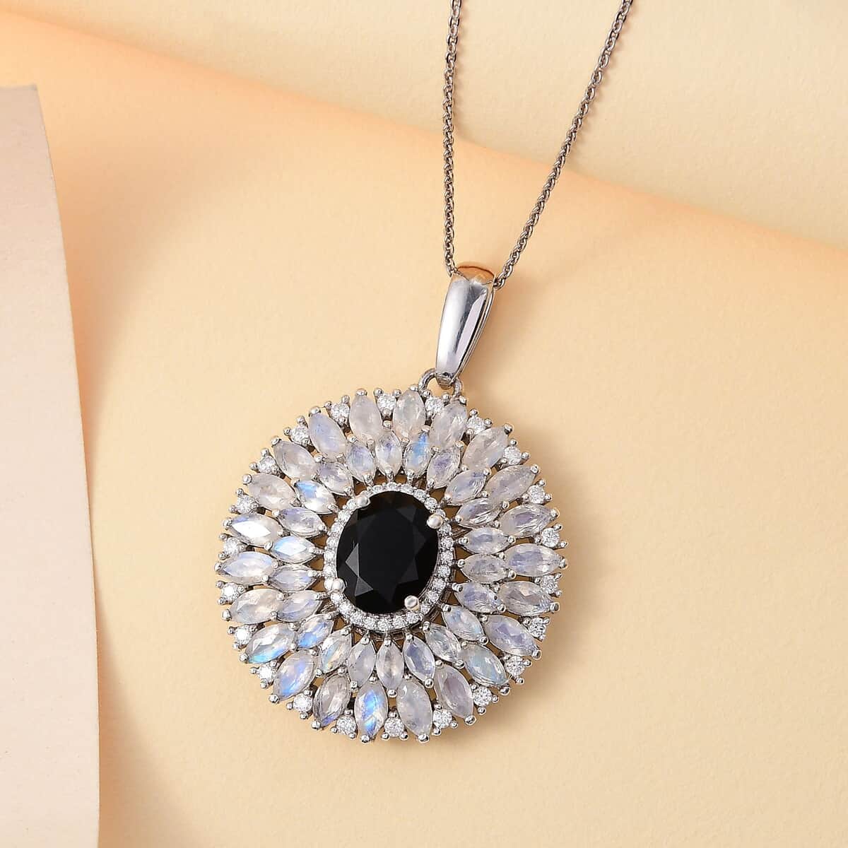 California Black Jade and Multi Gemstone 8.25 ctw Dahlia Bloom Pendant Necklace in Rhodium Over Sterling Silver 20 Inches image number 1