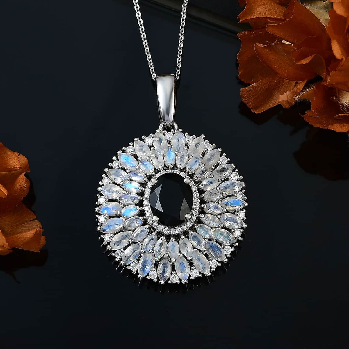 California Black Jade and Multi Gemstone 8.25 ctw Dahlia Bloom Pendant Necklace in Rhodium Over Sterling Silver 20 Inches image number 2