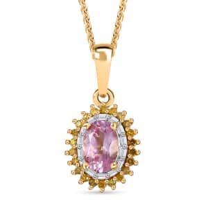 Narsipatnam Pink Spinel, Yellow and White Diamond 1.10 ctw Double Halo Pendant Necklace in 18K Vermeil Yellow Gold Over Sterling Silver 20 Inches