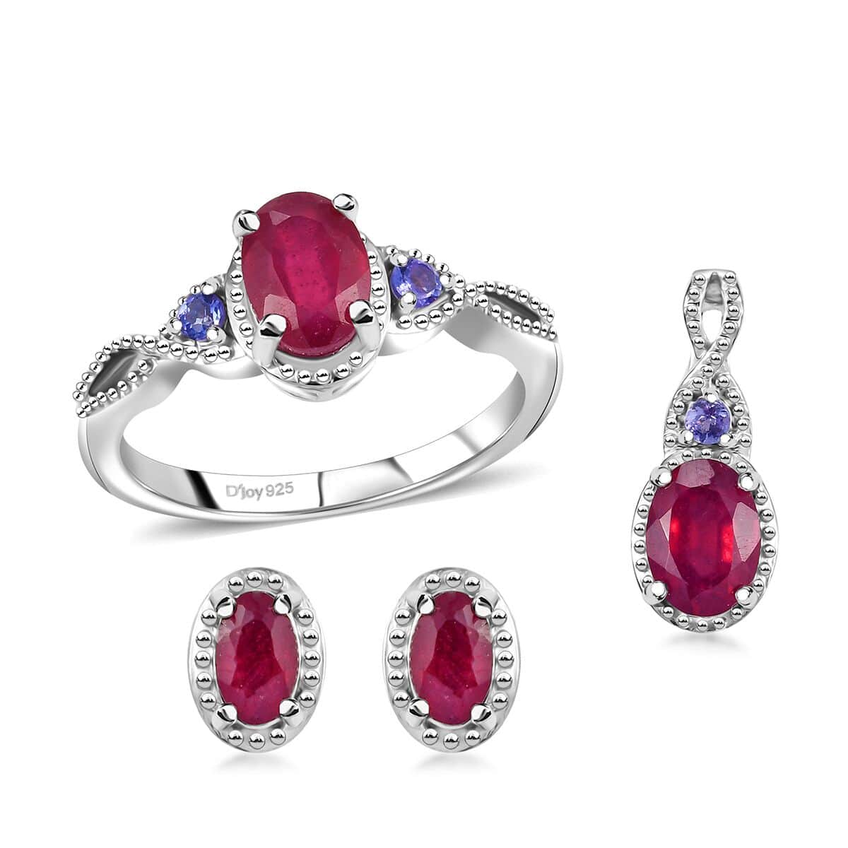 Niassa Ruby (FF) and Tanzanite 3.20 ctw Love Infinity Ring (Size 7.00), Stud Earrings and Pendant in Rhodium Over Sterling Silver image number 0