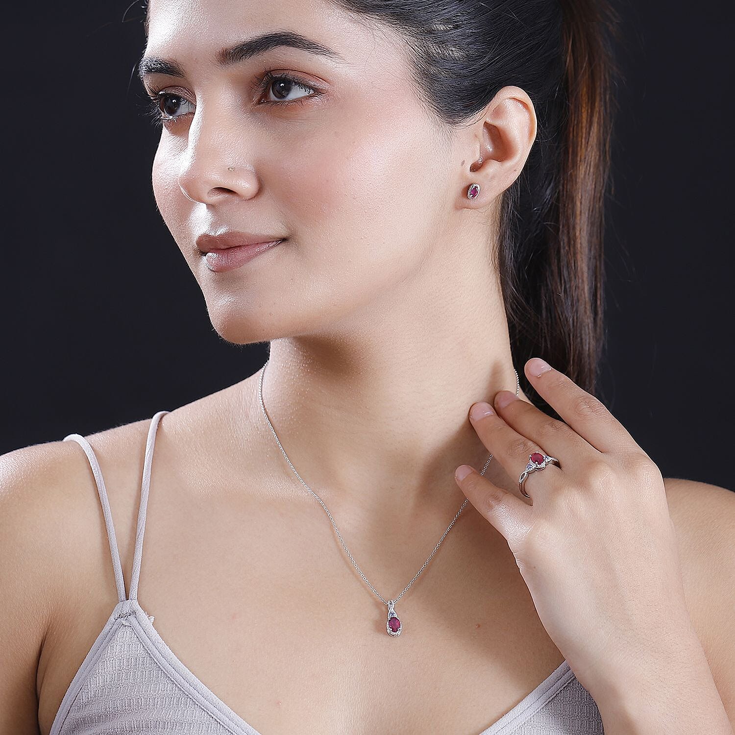Niassa Ruby (FF) and Tanzanite 3.20 ctw Love Infinity Ring (Size 7.00), Stud Earrings and Pendant in Rhodium Over Sterling Silver