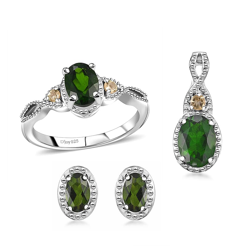 Chrome Diopside and Brazilian Citrine 2.25 ctw Love Infinity Ring (Size 7.00), Stud Earrings and Pendant in Rhodium Over Sterling Silver 