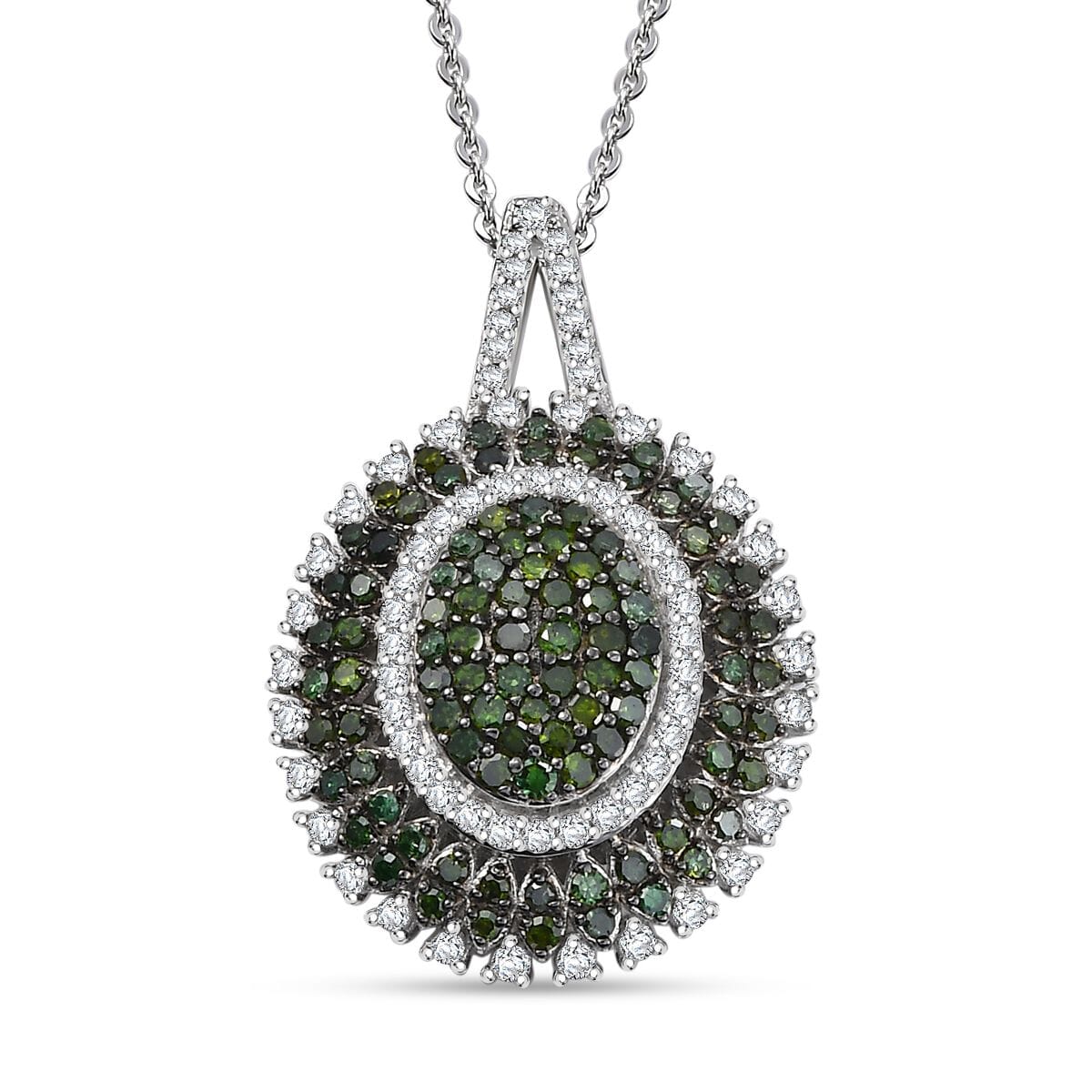 Green and White Diamond 1.00 ctw Celestial Glow Pendant Necklace in Rhodium Over Sterling Silver 20 Inches image number 0