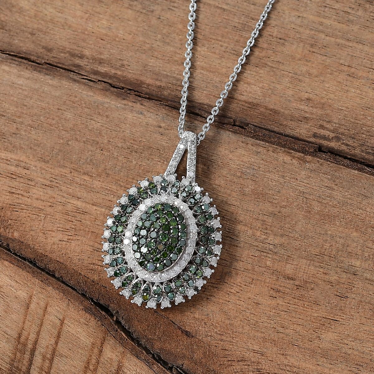 Green and White Diamond 1.00 ctw Celestial Glow Pendant Necklace in Rhodium Over Sterling Silver 20 Inches image number 1