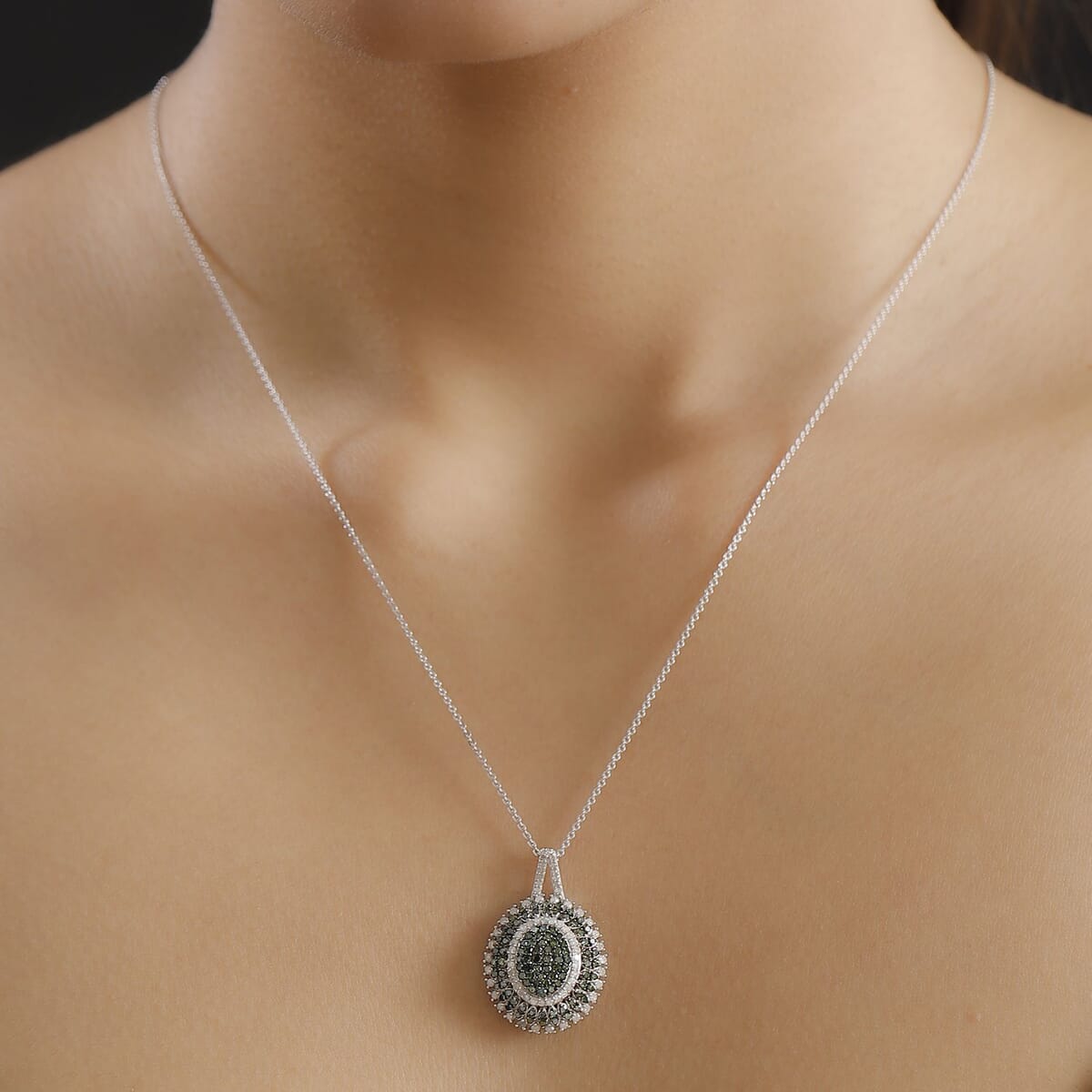 Green and White Diamond 1.00 ctw Celestial Glow Pendant Necklace in Rhodium Over Sterling Silver 20 Inches image number 2
