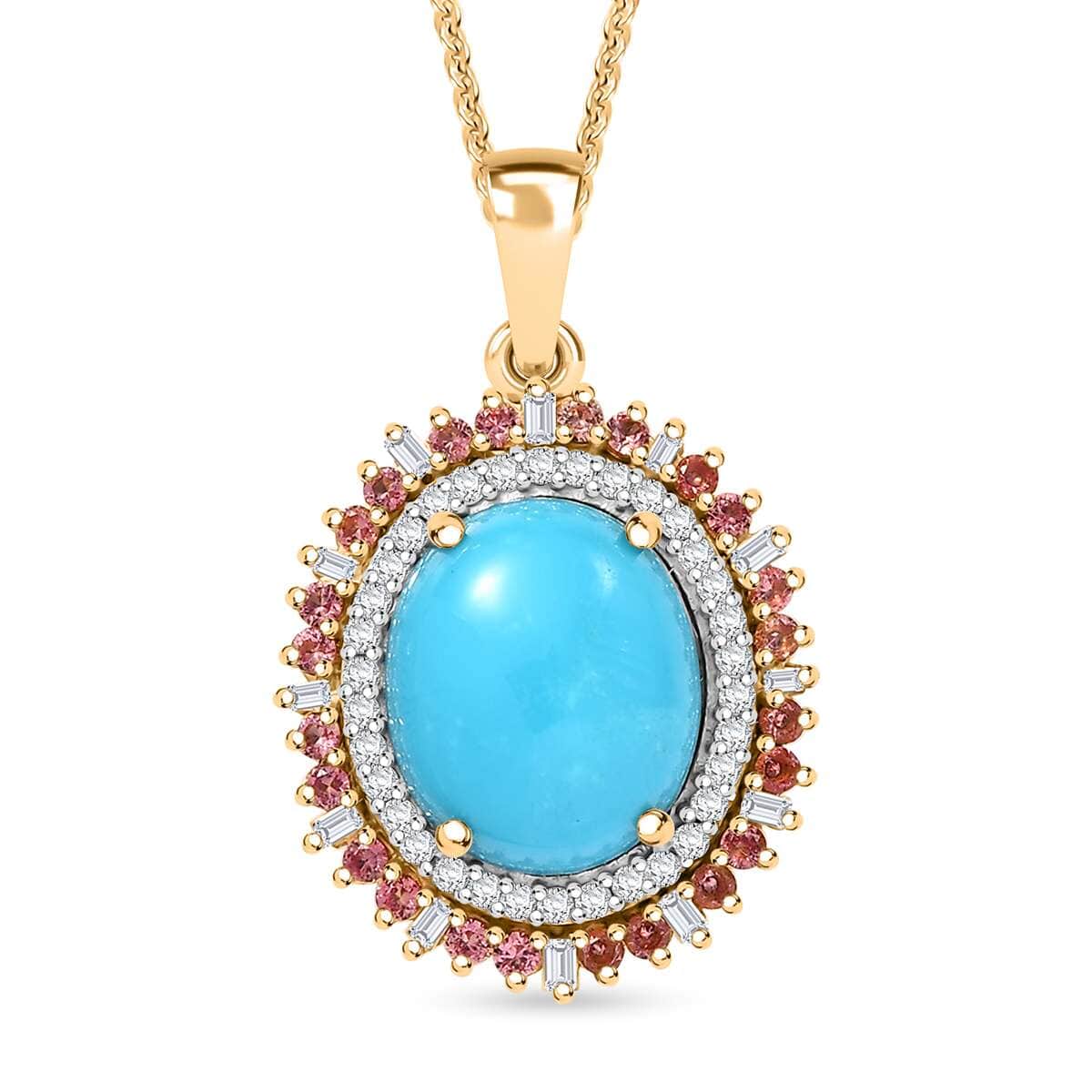 Sleeping Beauty Turquoise, Padparadscha Sapphire (Beryllium Treated) and Diamond 5.10 ctw Sunburst Pendant Necklace in 18K Vermeil Yellow Gold Over Sterling Silver 20 Inches image number 0