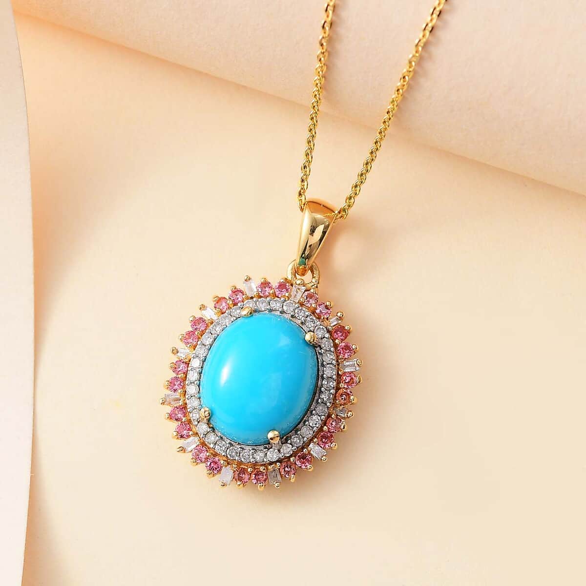 Sleeping Beauty Turquoise, Padparadscha Sapphire (Beryllium Treated) and Diamond 5.10 ctw Sunburst Pendant Necklace in 18K Vermeil Yellow Gold Over Sterling Silver 20 Inches image number 1