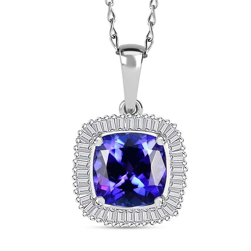 Rhapsody AAAA Tanzanite and E-F VS2 Diamond 3.05 ctw Cushion Shape Ballerina Pendant Necklace in 950 Platinum 20 Inches