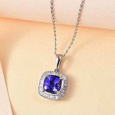Rhapsody AAAA Tanzanite and E-F VS2 Diamond 3.05 ctw Cushion Shape Ballerina Pendant Necklace in 950 Platinum 20 Inches
