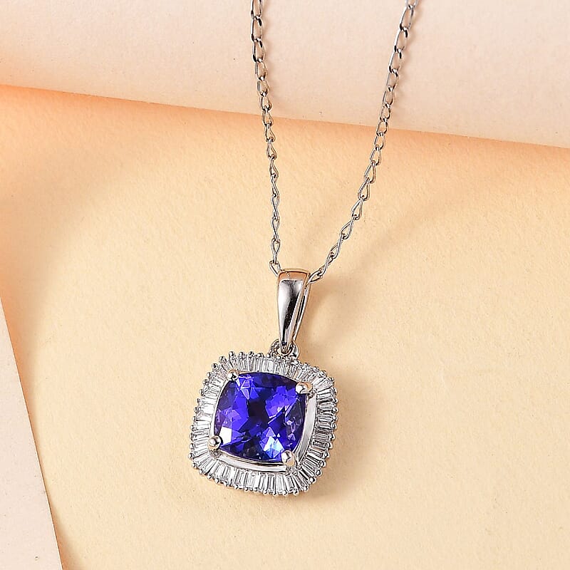 Rhapsody AAAA Tanzanite and E-F VS2 Diamond 3.05 ctw Cushion Shape Ballerina Pendant Necklace in 950 Platinum 20 Inches