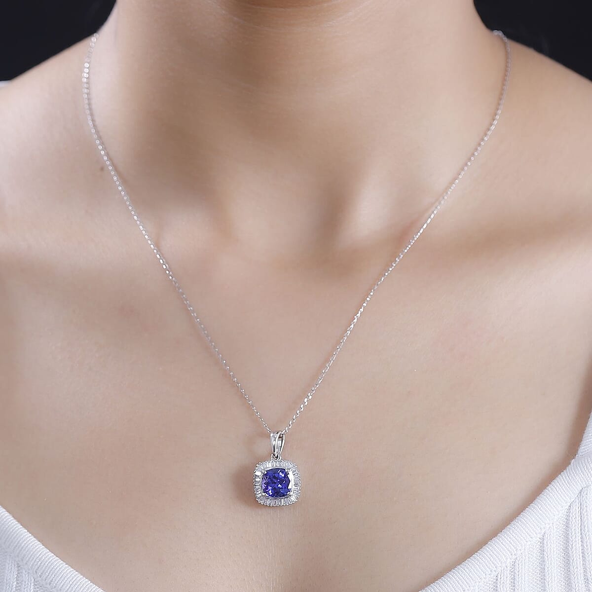 Rhapsody AAAA Tanzanite and E-F VS2 Diamond 3.05 ctw Cushion Shape Ballerina Pendant Necklace in 950 Platinum 5.25 Grams 20 Inches image number 2