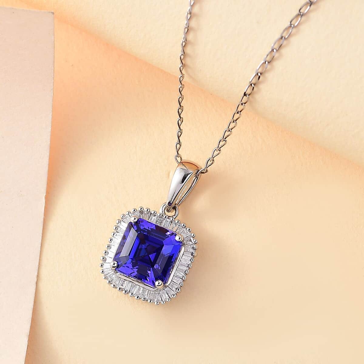 Rhapsody AAAA Tanzanite and E-F VS2 Diamond 3.65 ctw Octagon Shape Ballerina Pendant Necklace in 950 Platinum 5.25 Grams 20 Inches image number 1