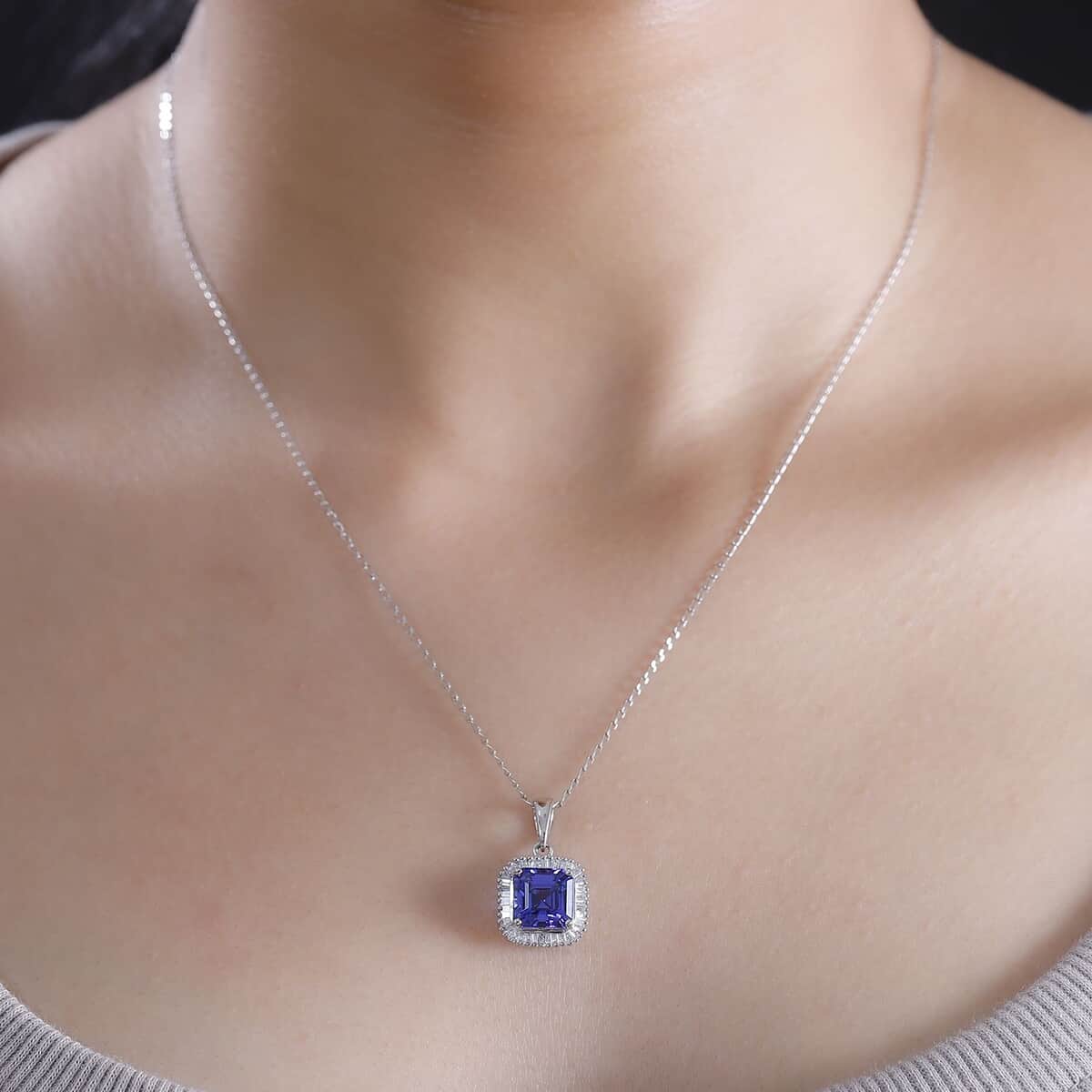 Rhapsody AAAA Tanzanite and E-F VS2 Diamond 3.65 ctw Octagon Shape Ballerina Pendant Necklace in 950 Platinum 5.25 Grams 20 Inches image number 2