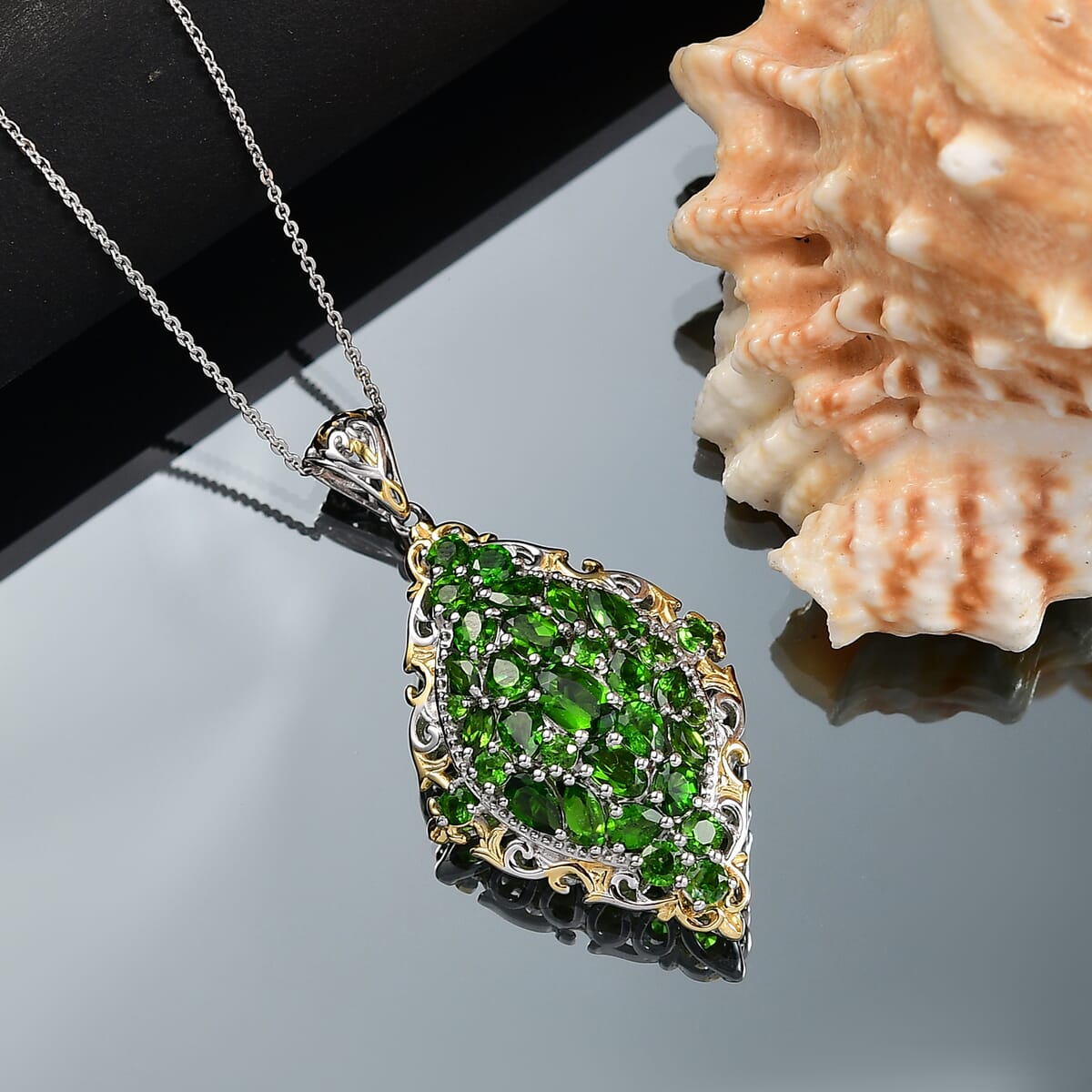 D'Joy Chrome Diopside 4.90 ctw Art Nouveau Pendant Necklace in 18K Vermeil YG and Rhodium Over Sterling Silver 20 Inches image number 1