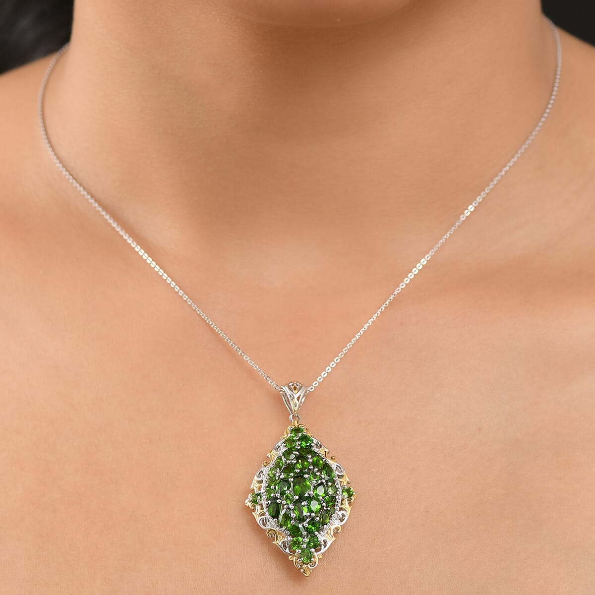 D'Joy Chrome Diopside 4.90 ctw Art Nouveau Pendant Necklace in 18K Vermeil YG and Rhodium Over Sterling Silver 20 Inches image number 2