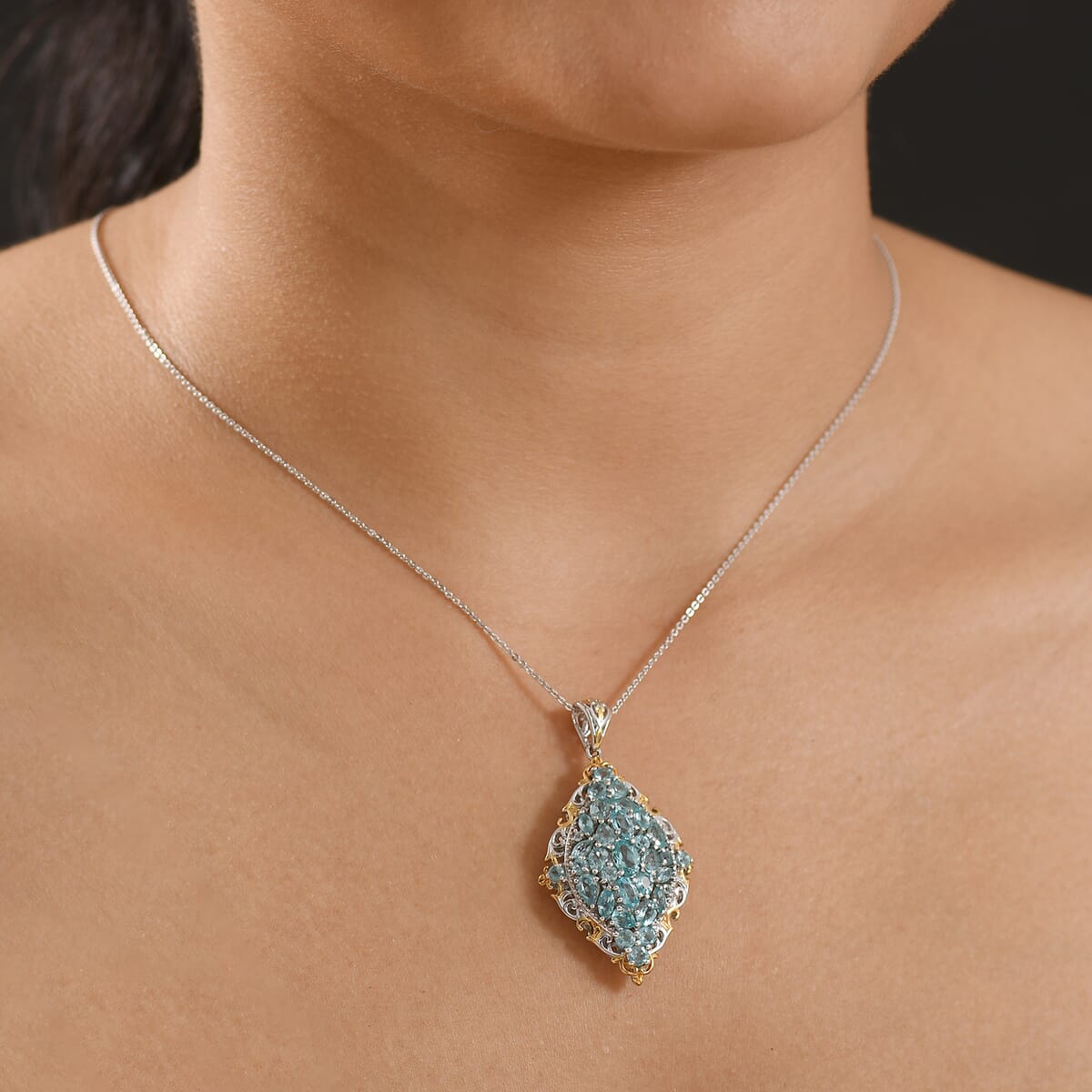 D'Joy Betroka Blue Apatite 4.70 ctw Art Nouveau Pendant Necklace in 18K Vermeil YG and Rhodium Over Sterling Silver 20 Inches image number 2