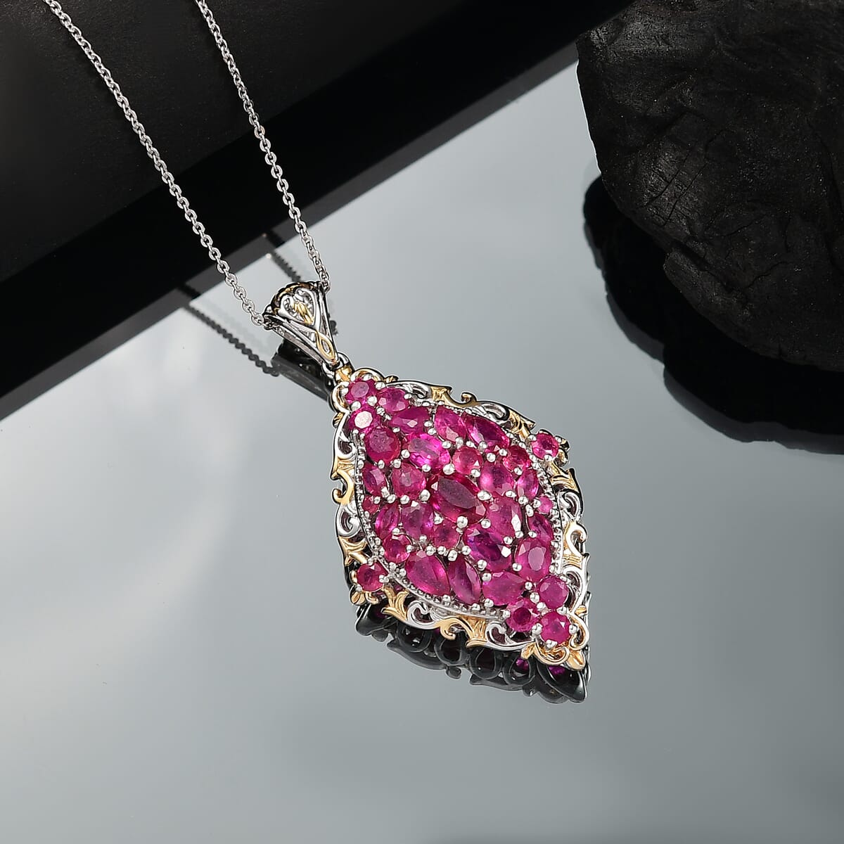 D'Joy Niassa Ruby (FF) 6.10 ctw Art Nouveau Pendant Necklace in 18K Vermeil YG and Rhodium Over Sterling Silver 20 Inches image number 1