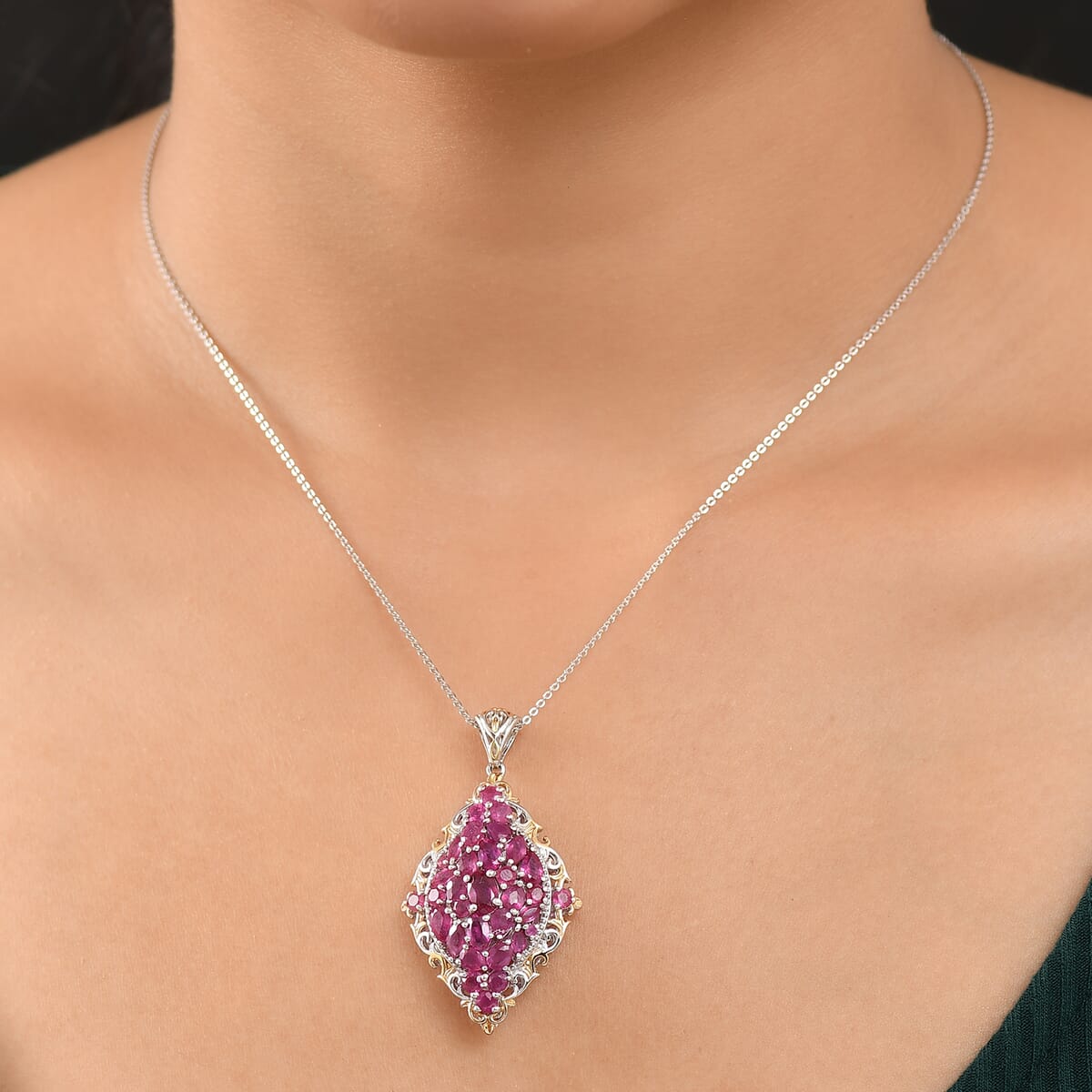 D'Joy Niassa Ruby (FF) 6.10 ctw Art Nouveau Pendant Necklace in 18K Vermeil YG and Rhodium Over Sterling Silver 20 Inches image number 2