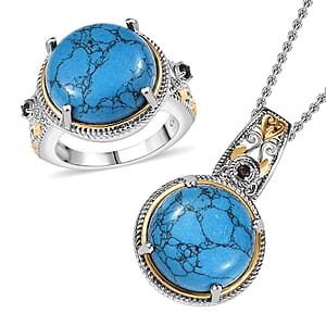 Set of 2 - Blue Howlite and Brazilian Smoky Quartz 23.25 ctw Ring (Size 8.0), Pendant in 18K YG Plated and Platinum Over Copper with Stainless Steel Necklace 20 Inches