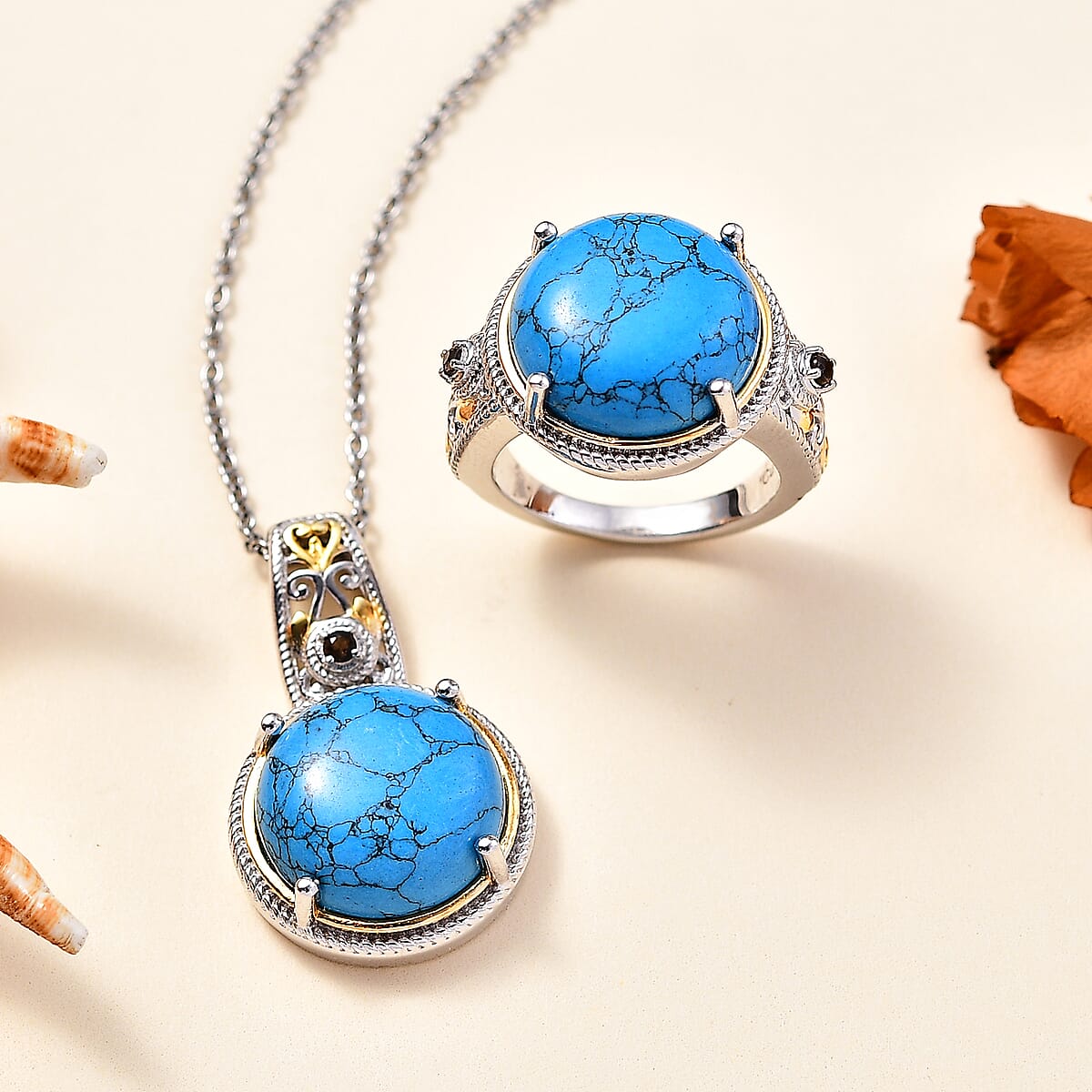 Set of 2 - Blue Howlite and Brazilian Smoky Quartz 23.25 ctw Ring (Size 8.0), Pendant in 18K YG Plated and Platinum Over Copper with Stainless Steel Necklace 20 Inches image number 1