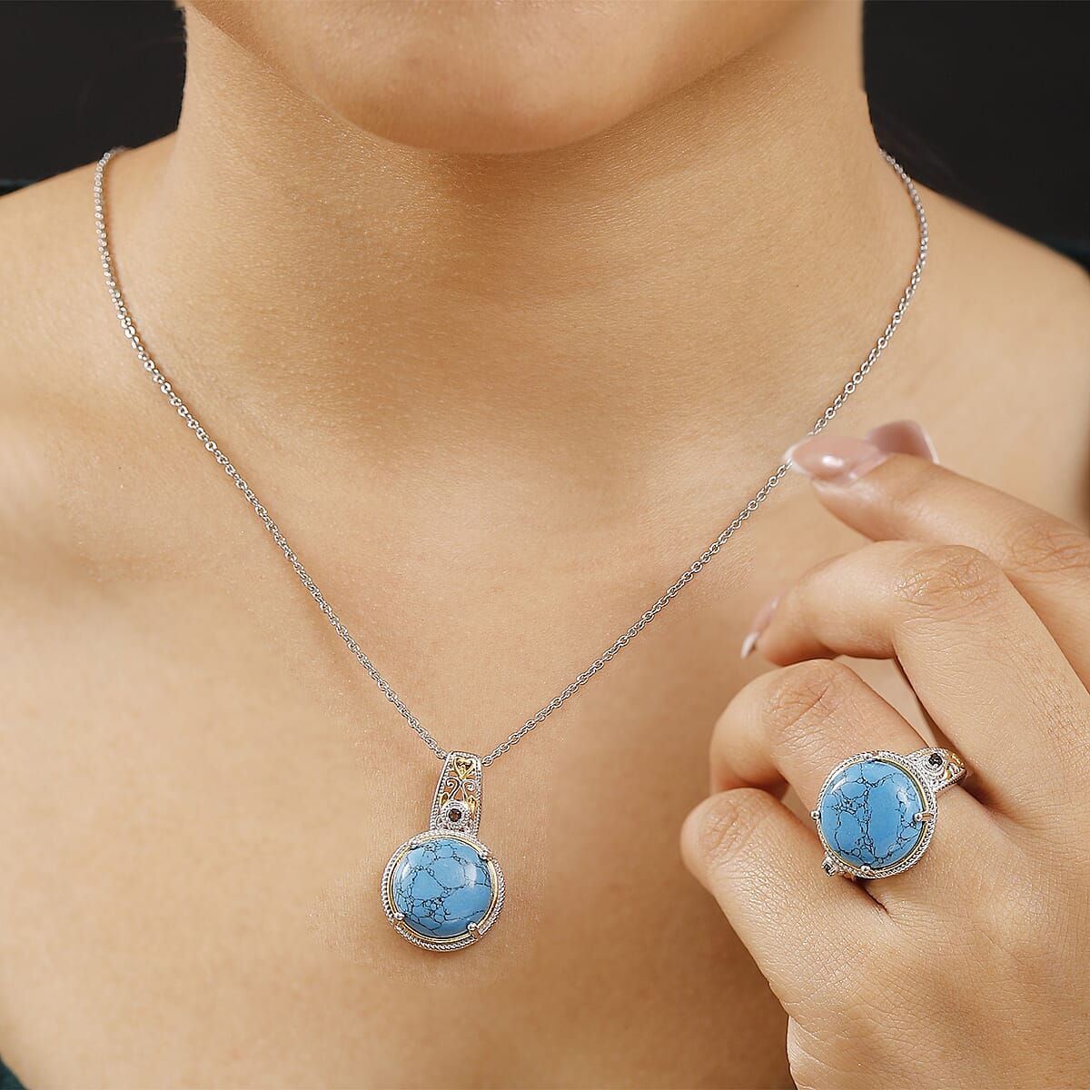Set of 2 - Blue Howlite and Brazilian Smoky Quartz 23.25 ctw Ring (Size 8.0), Pendant in 18K YG Plated and Platinum Over Copper with Stainless Steel Necklace 20 Inches image number 2