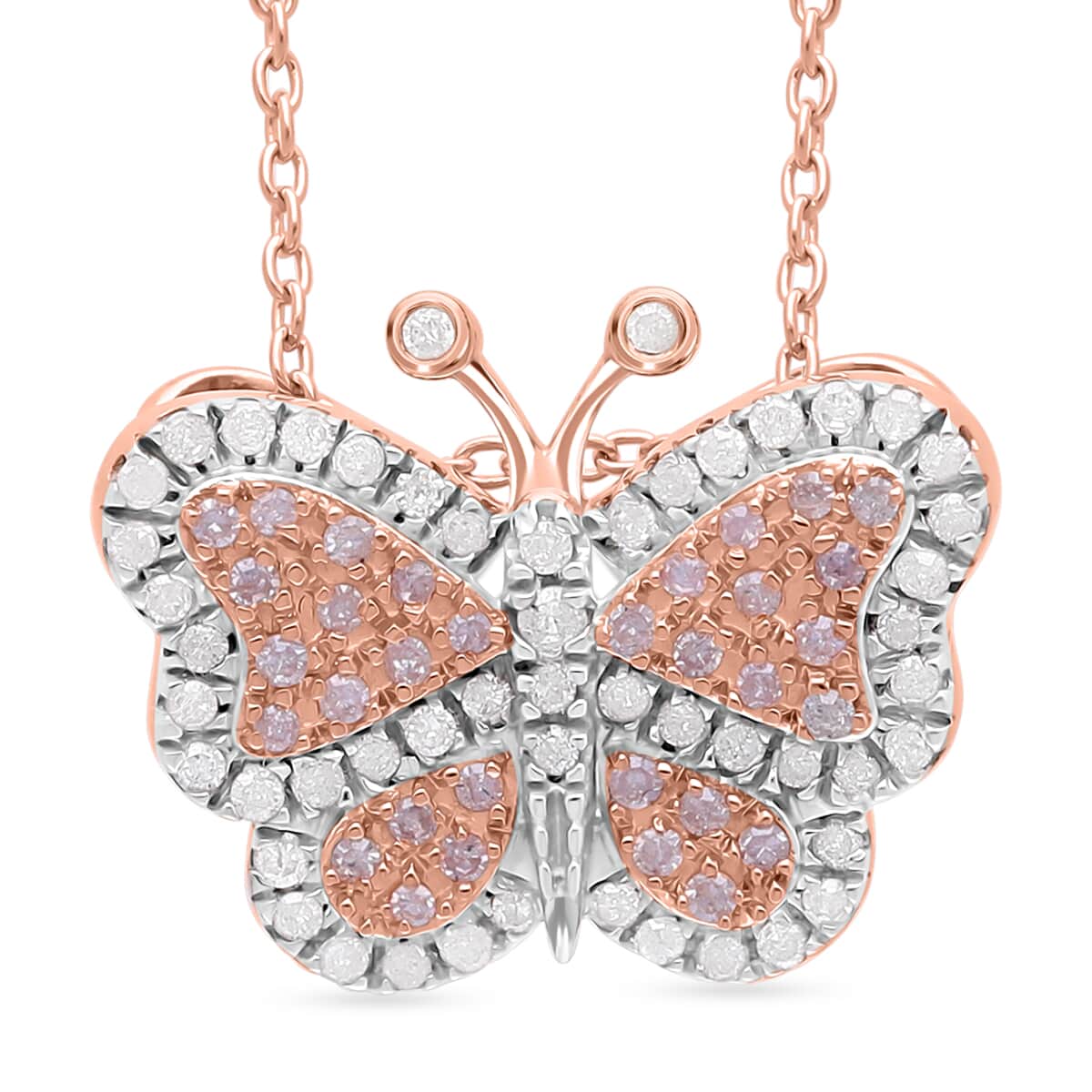 Natural Pink and White Diamond 0.35 ctw Butterfly Pendant Necklace in Vermeil Rose Gold Over Sterling Silver 20 Inches image number 0