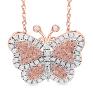 Natural Pink and White Diamond 0.35 ctw Butterfly Pendant Necklace in Vermeil Rose Gold Over Sterling Silver 20 Inches